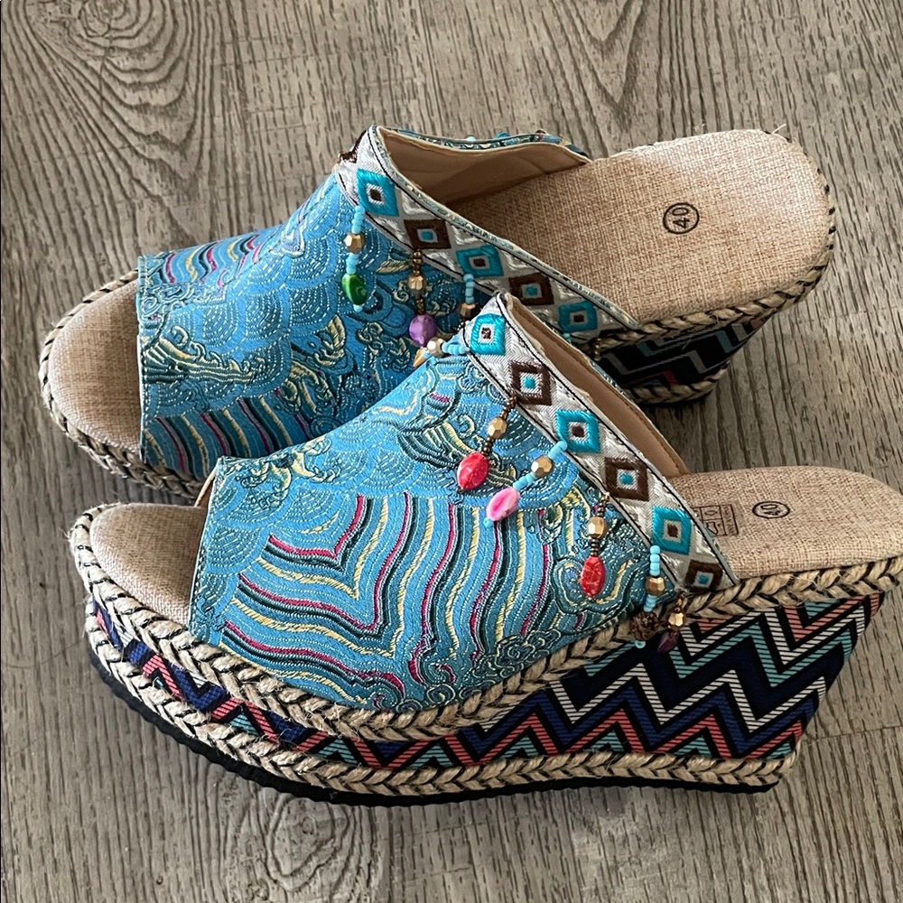 Turquoise Embroidered Beaded Wedge Slide Sandals